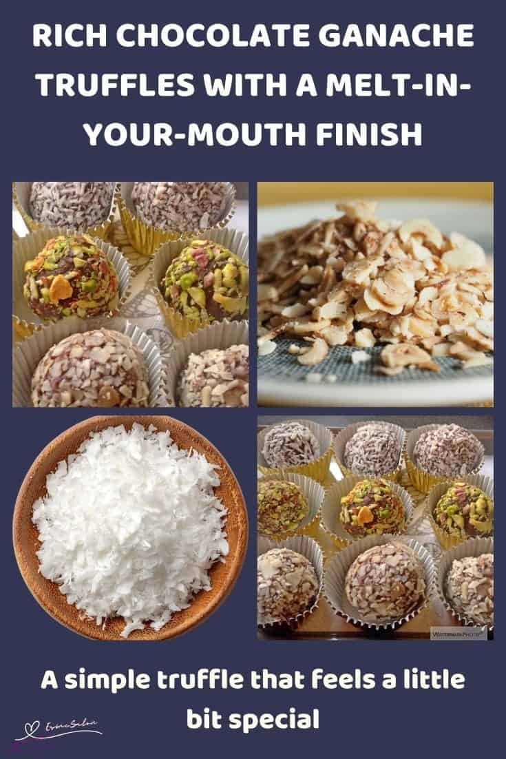 An image of Chocolate Ganache Truffles rolled in almonds, pistachios or shredded coconut