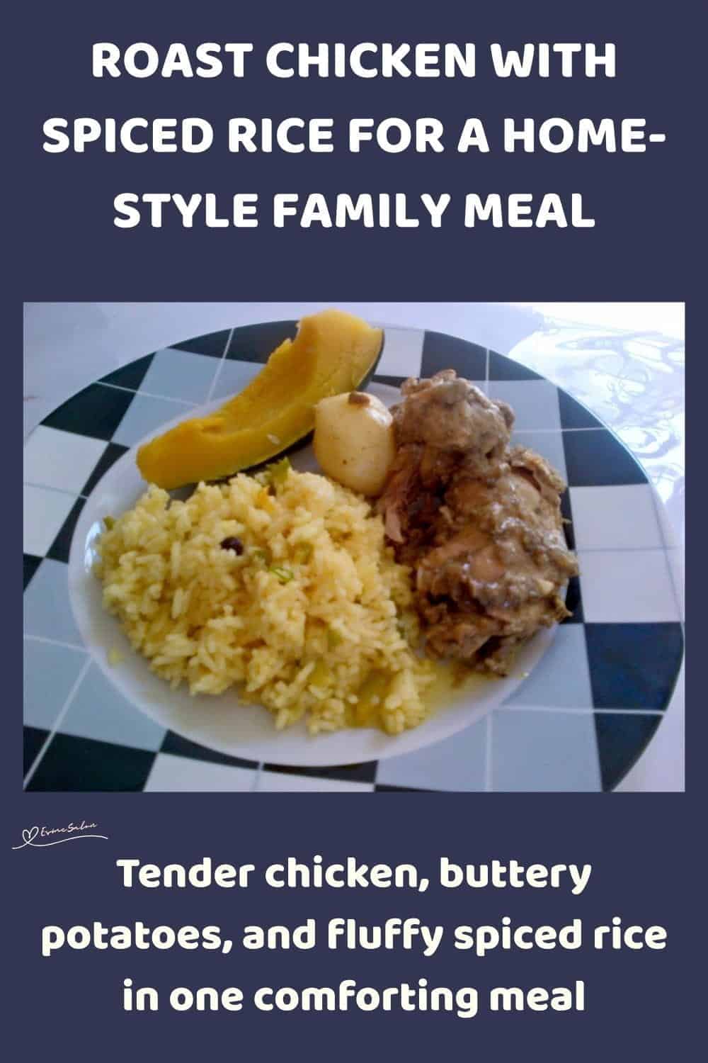 An image of a plate of Roast Chicken with Spiced Rice with a side of veggies