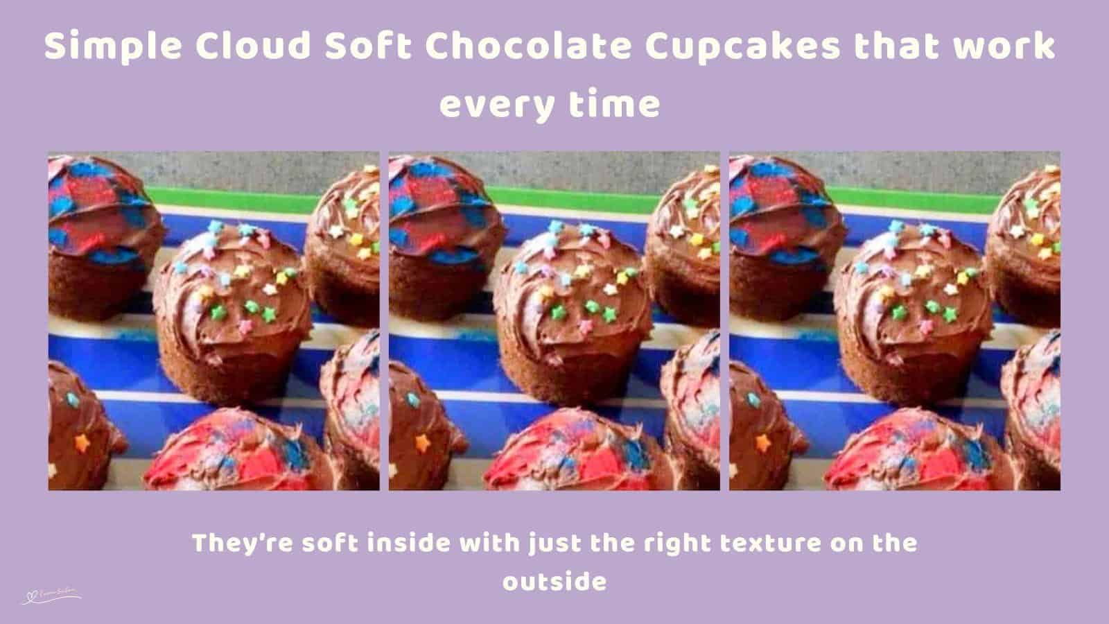 An image of 6 x-large Cloud Soft Chocolate Cupcakes with chocolate frosting and colored sprinkles