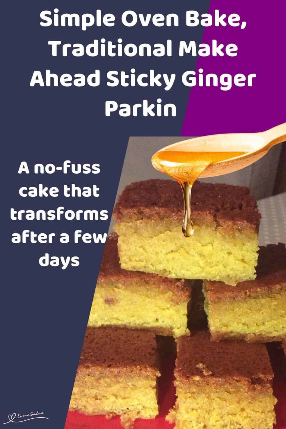 An image of 6 cubes of Traditional Make Ahead Sticky Ginger Parkin stacked on one another