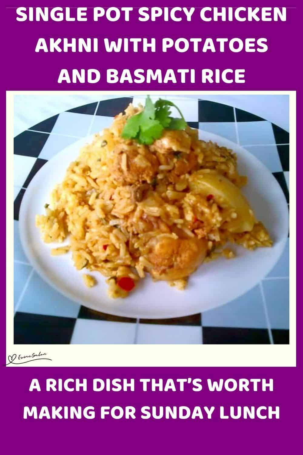 An image of a plate piled high with Spicy Chicken Akhni