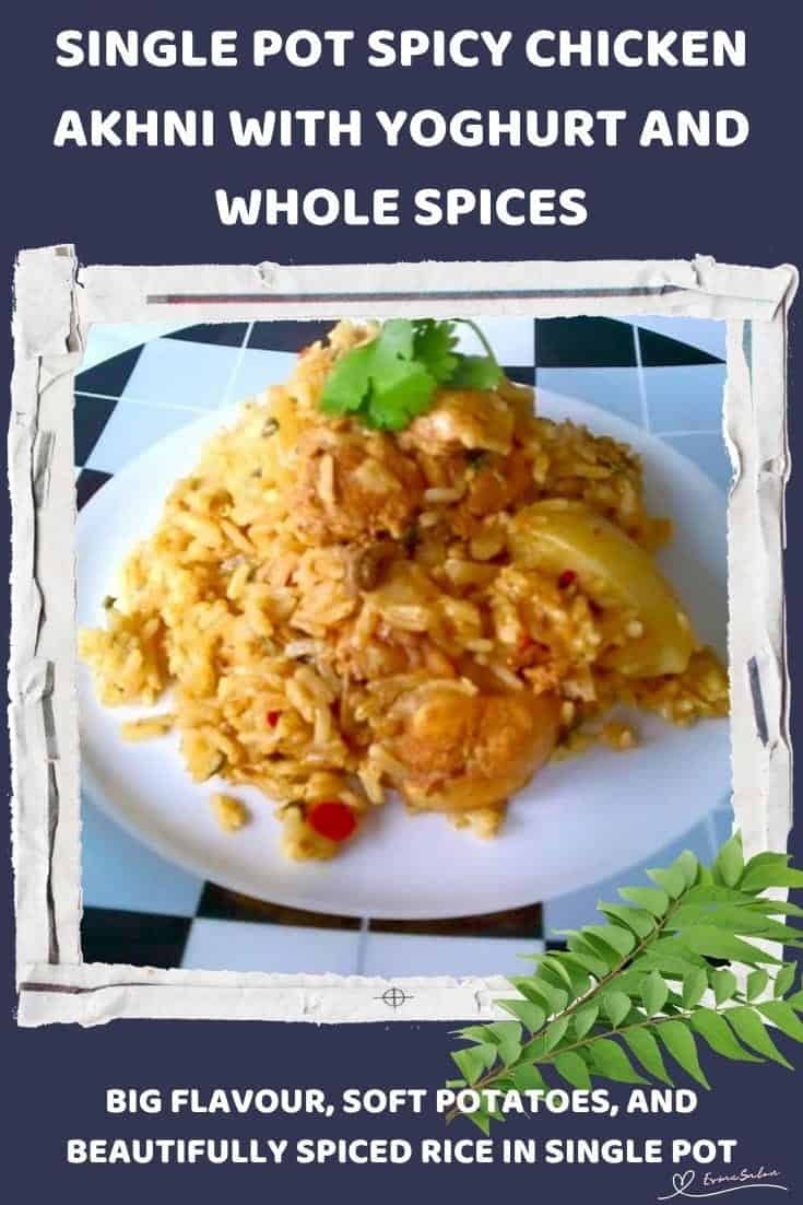 An image of a plate piled high with Spicy Chicken Akhni