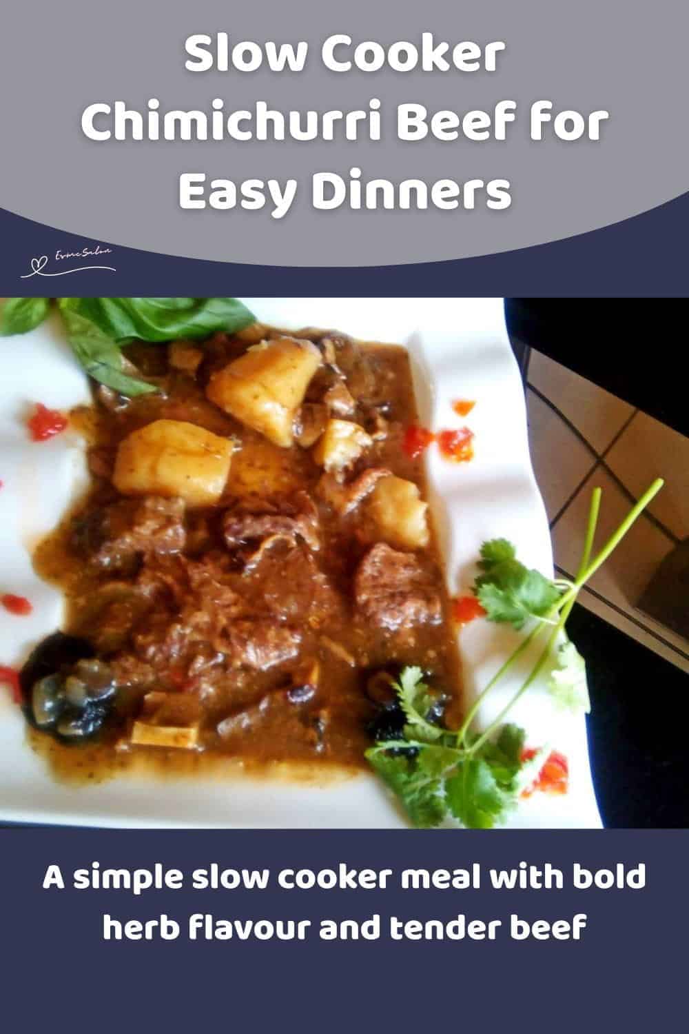 An image of a white platter with Slow Cooker Chimichurri Beef with potatoes and veg