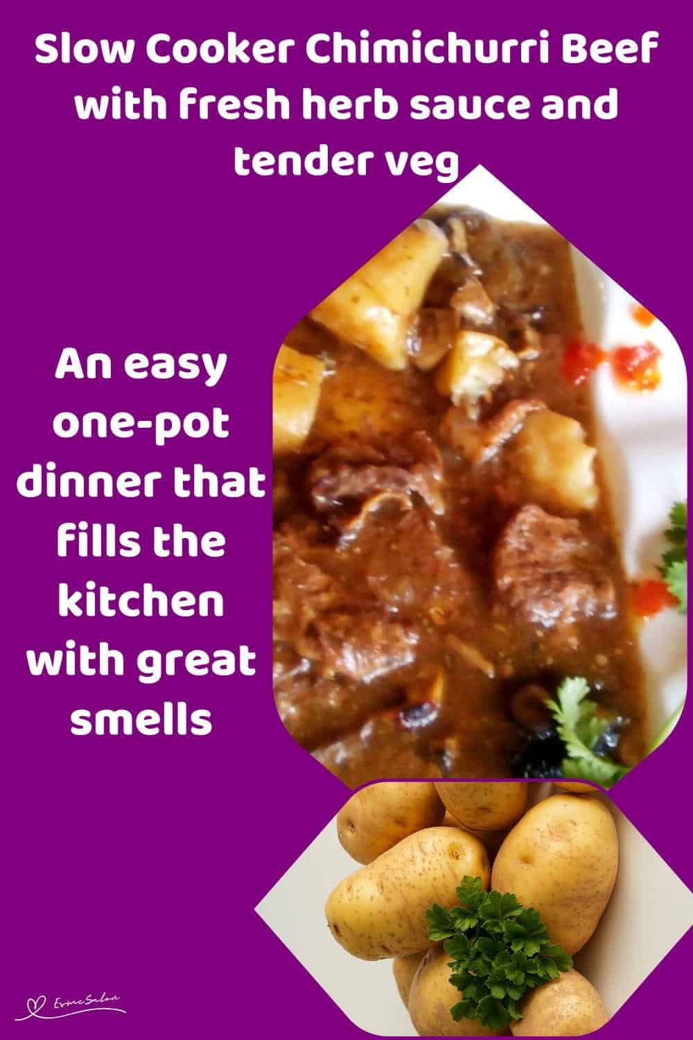 An image of a white platter with Slow Cooker Chimichurri Beef with potatoes and veg