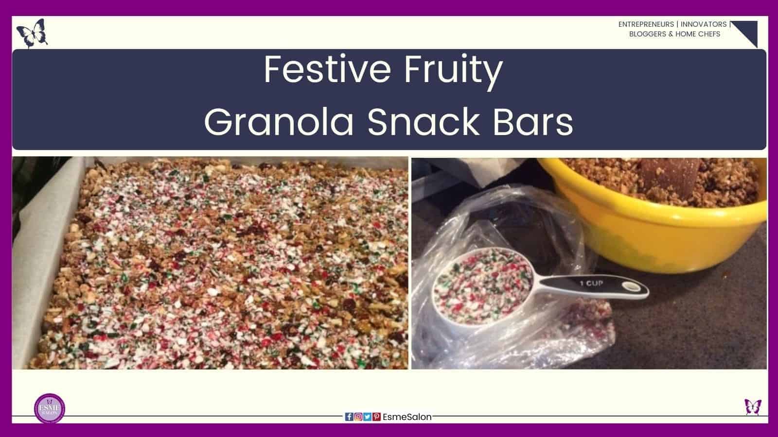 an image of a cooking tin filled with candy cane topped Fruity Granola Snack Bars