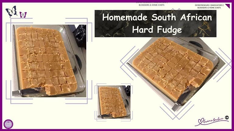 an image of a oblong Pyrex dish with Homemade South African Hard Fudge cut into cubes and ready to be enjoyed.