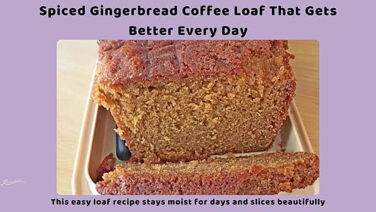 An image of a Spiced Gingerbread Coffee Loaf on a white platter
