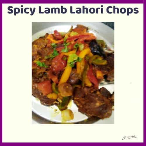 An image of a platter with Spicy Lamb Lahori Chops topped with julienned trio peppers