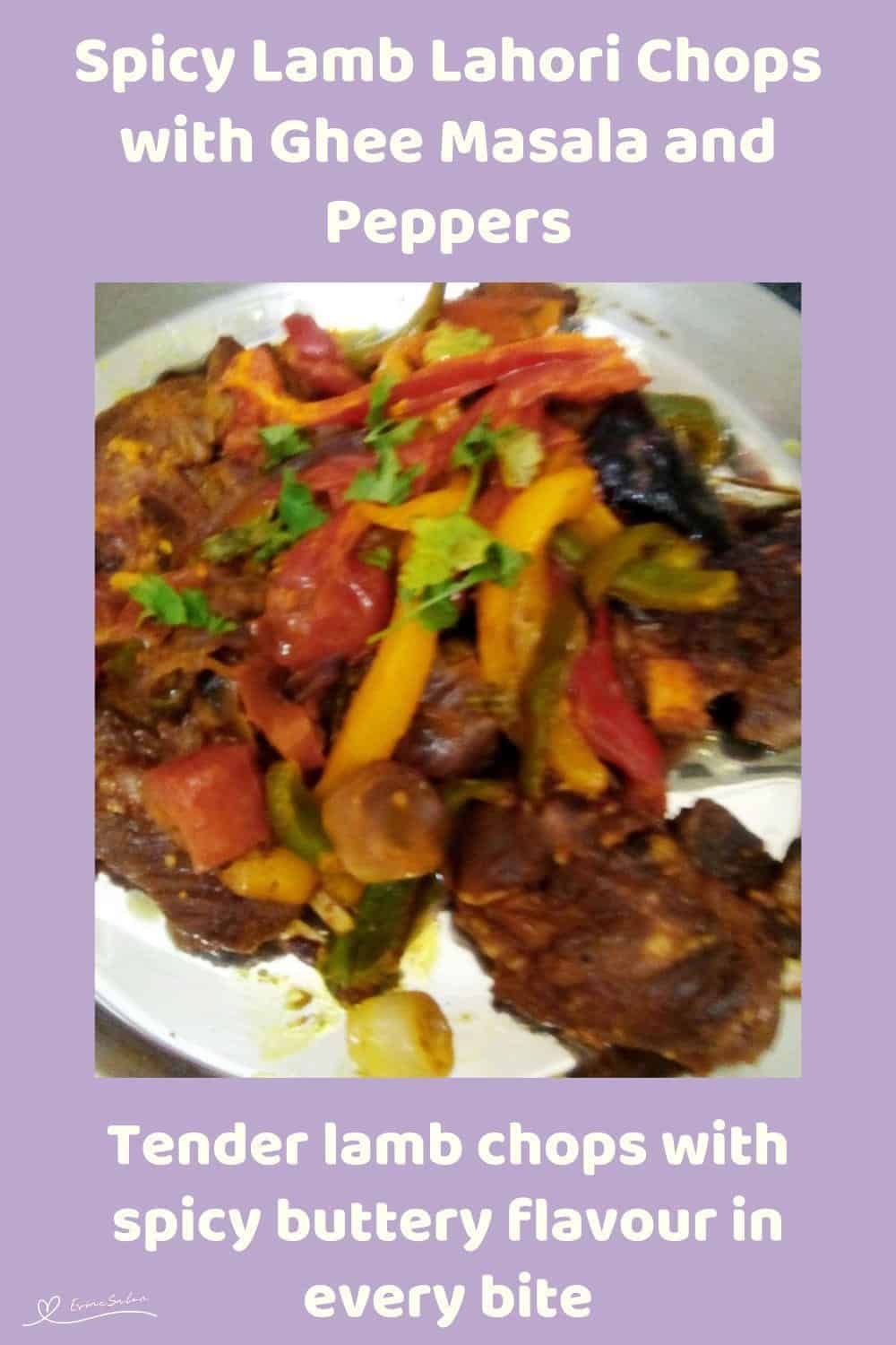 An image of a platter with Spicy Lamb Lahori Chops topped with julienned trio peppers