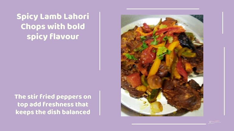 An image of a platter with Spicy Lamb Lahori Chops topped with julienned trio peppers