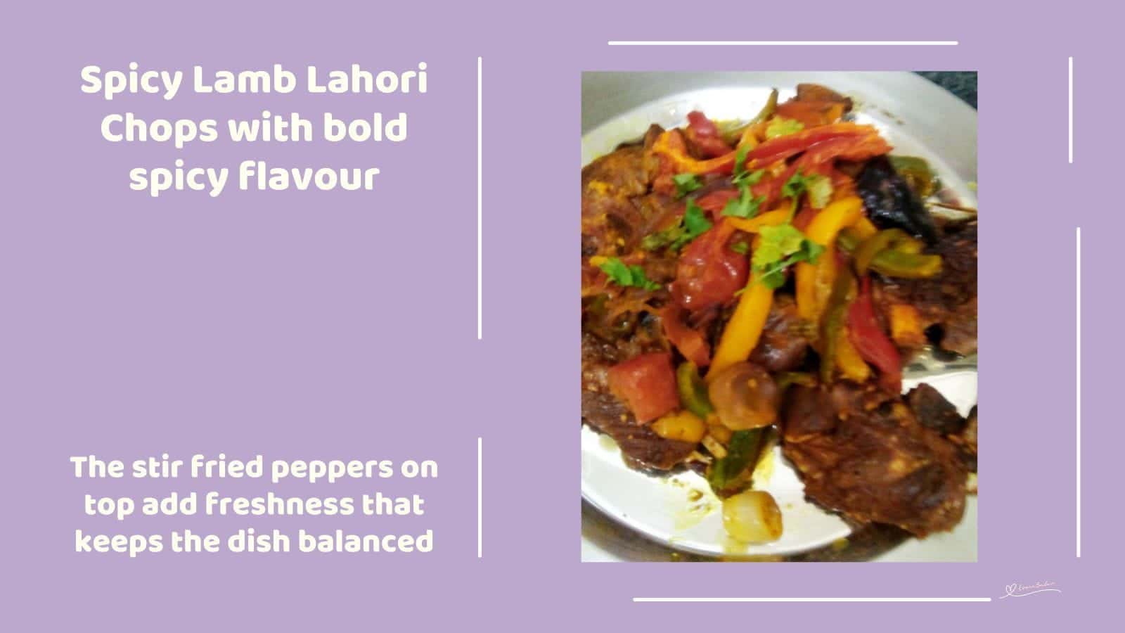 An image of a platter with Spicy Lamb Lahori Chops topped with julienned trio peppers
