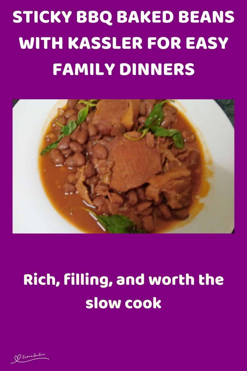 An image of a bowl filled with BBQ Baked Beans and Kassler chops