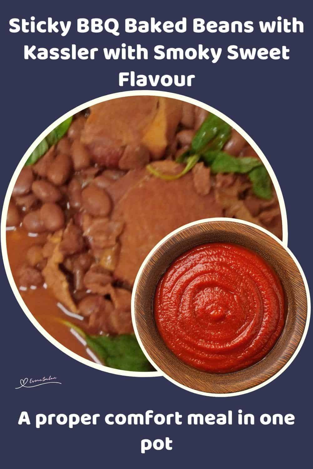 An image of a bowl filled with BBQ Baked Beans and Kassler chops