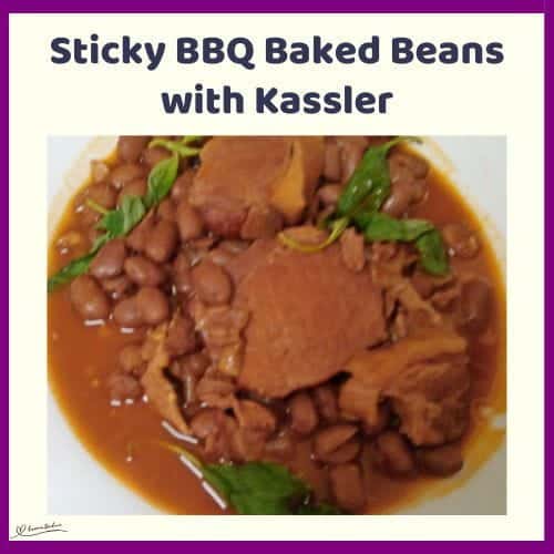 An image of a bowl filled with BBQ Baked Beans and Kassler chops