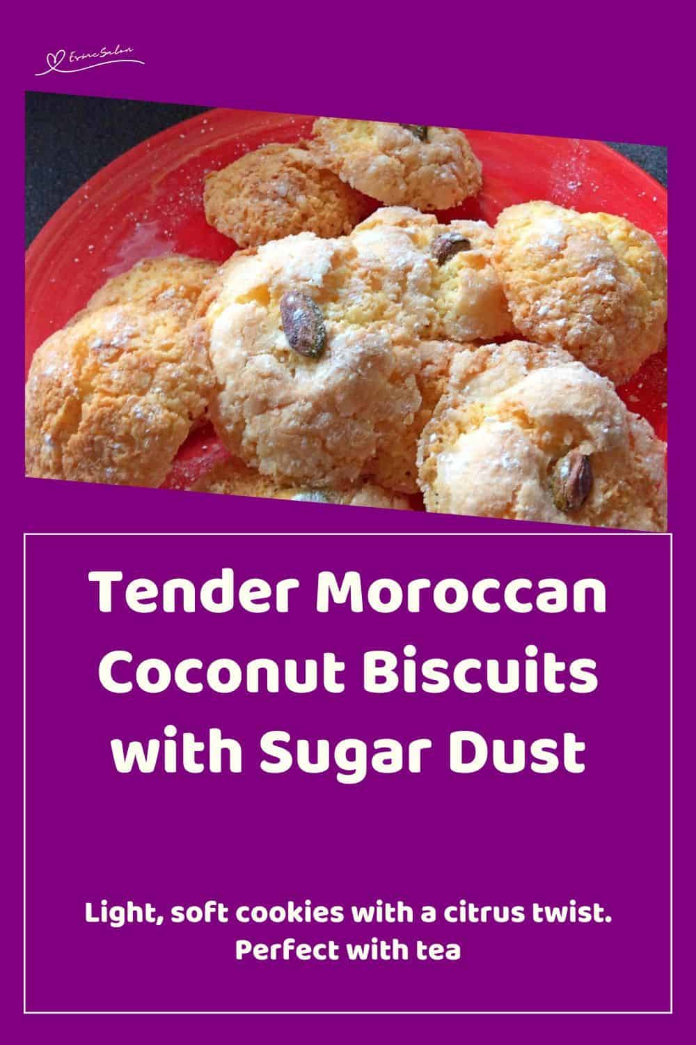 An image of Moroccan Coconut Biscuits with Sugar Dust on a red plate