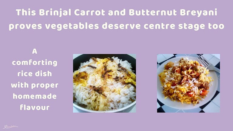 An image of a plate with Brinjal, Carrot and Butternut Breyani with saffron rice and lentils