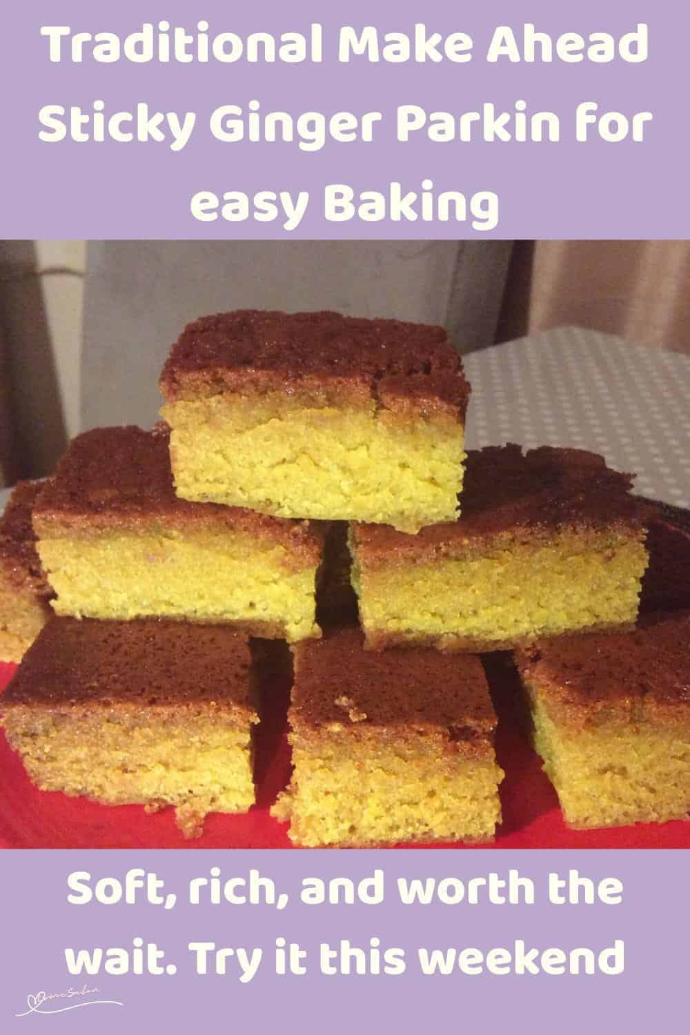 An image of 6 cubes of Traditional Make Ahead Sticky Ginger Parkin stacked on one another