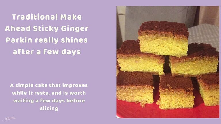 An image of 6 cubes of Traditional Make Ahead Sticky Ginger Parkin stacked on one another