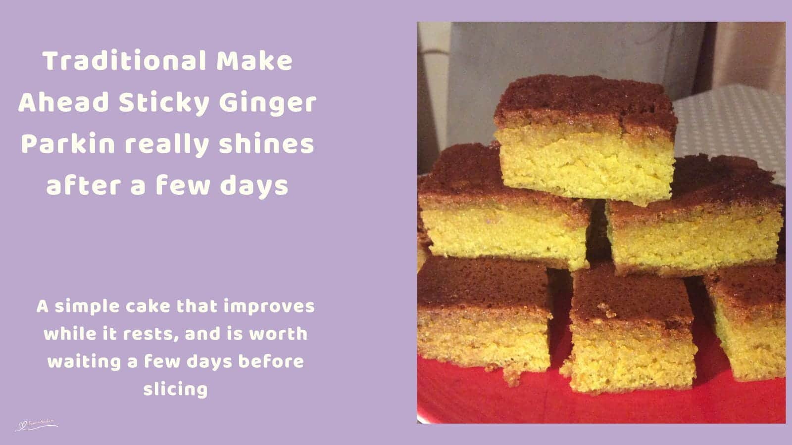 An image of 6 cubes of Traditional Make Ahead Sticky Ginger Parkin stacked on one another