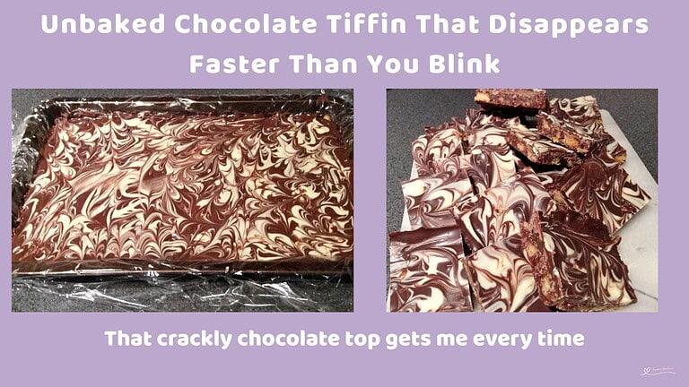 An image of a tray with Unbaked Chocolate Tiffin cubes