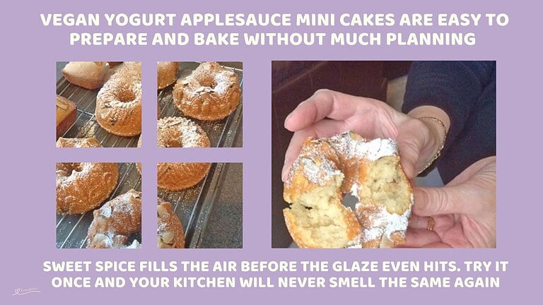 An image of Small Bundt Vegan Yogurt Applesauce Cakes with almonds and dusting of icing sugar