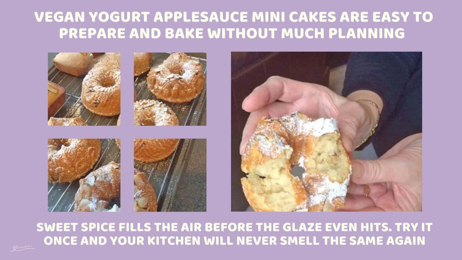 An image of Small Bundt Vegan Yogurt Applesauce Cakes with almonds and dusting of icing sugar
