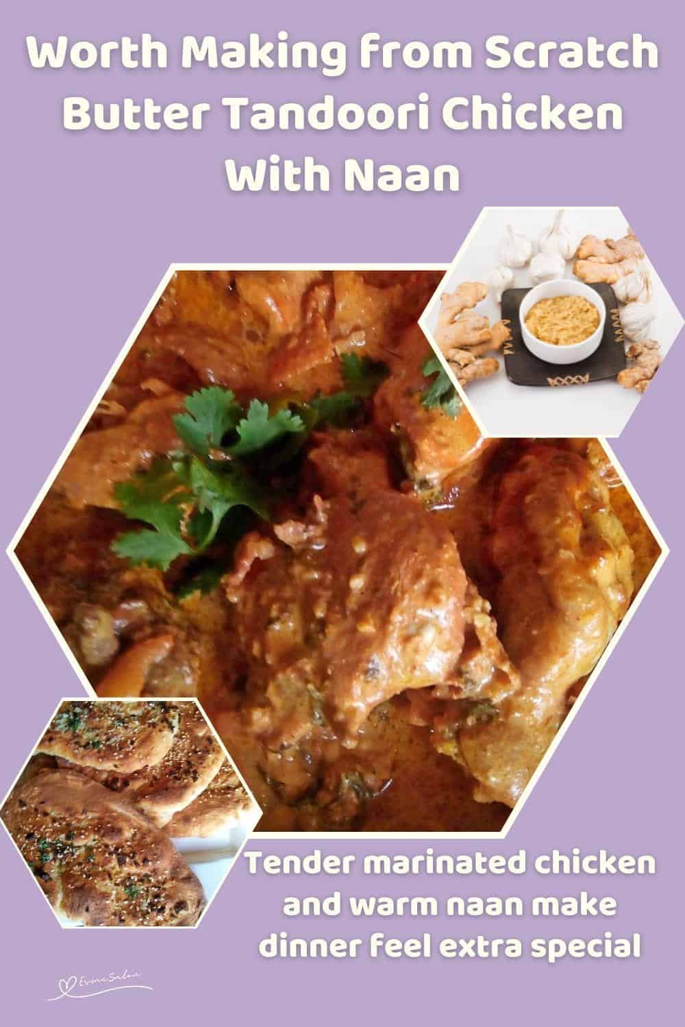 An image of a dish filled with Butter Tandoori Chicken With Naan on the side