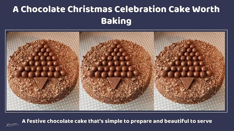 An image of a round chocolate cake with Ganache, Malteser Balls and Toblerone as decoration