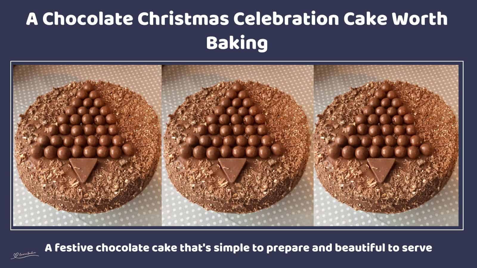 An image of a round chocolate cake with Ganache, Malteser Balls and Toblerone as decoration