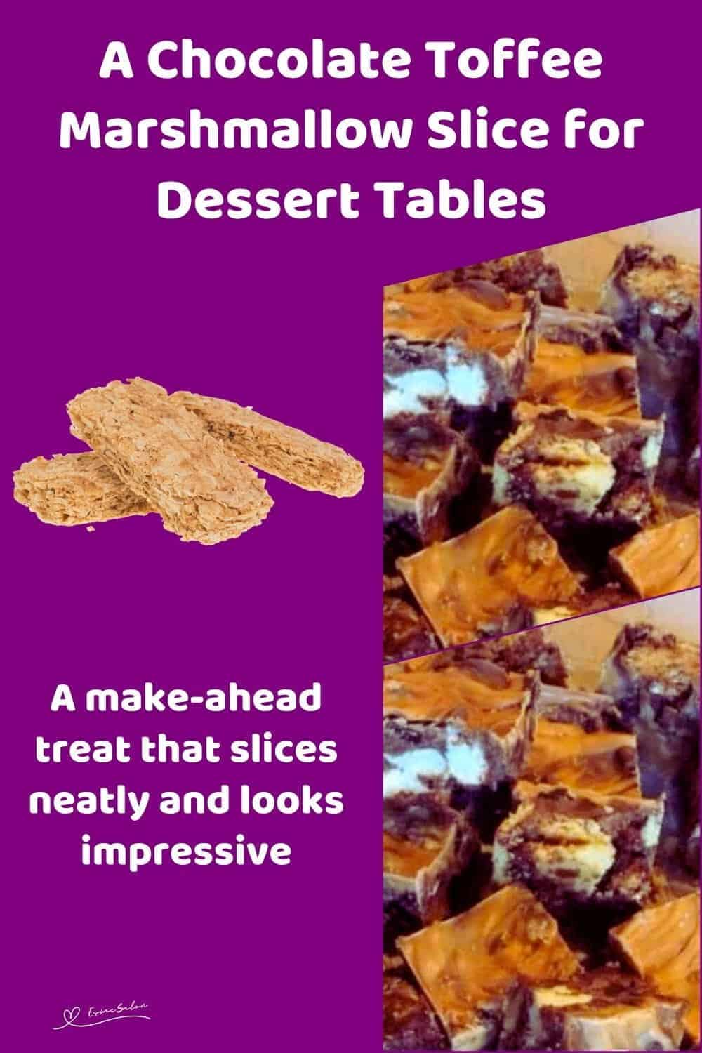 An image of blocks of Chocolate Toffee Marshmallow Slice with Crunchy biscuits and fruit mix