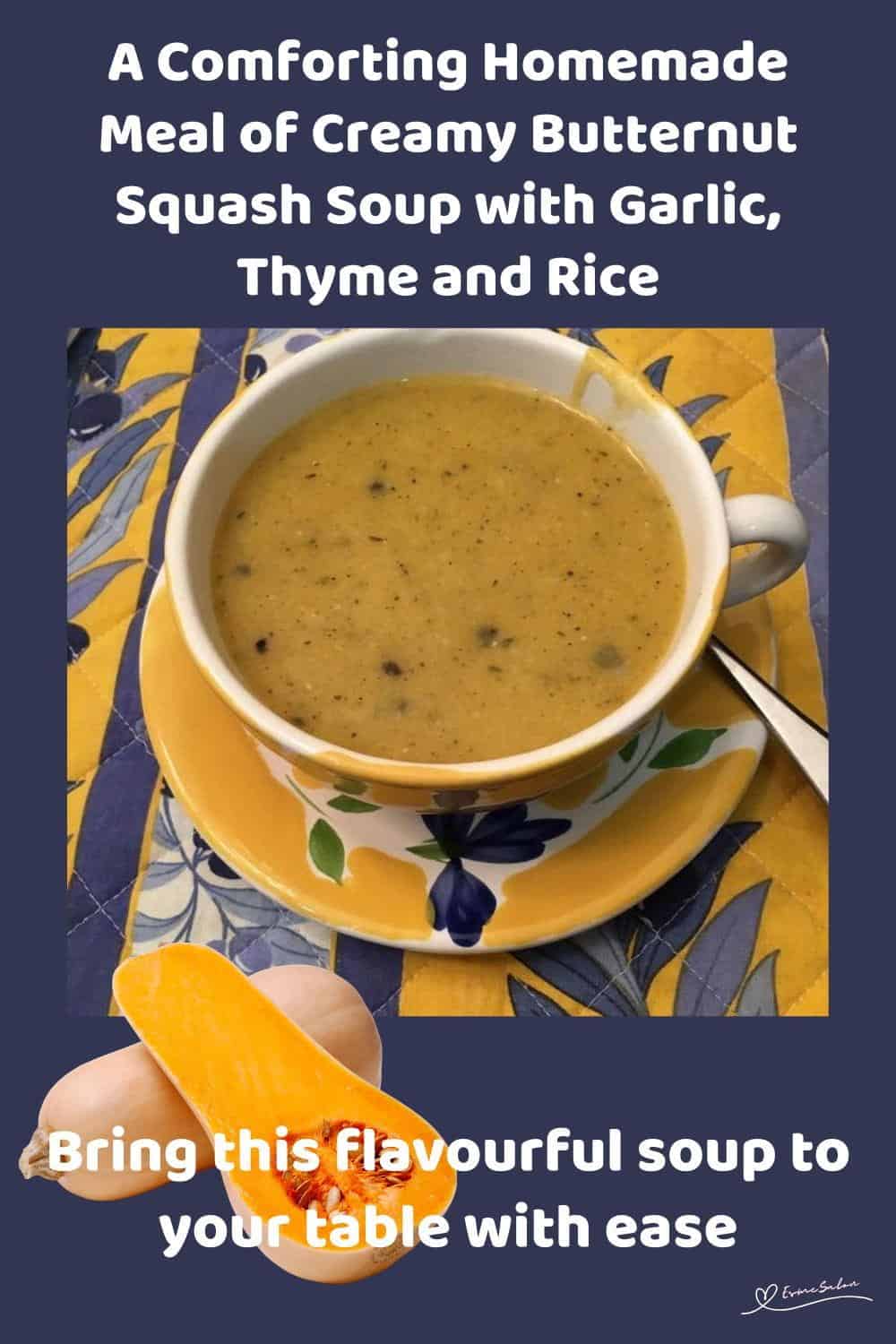 An image of a bowl of Creamy Butternut Squash Soup with garlic and rice