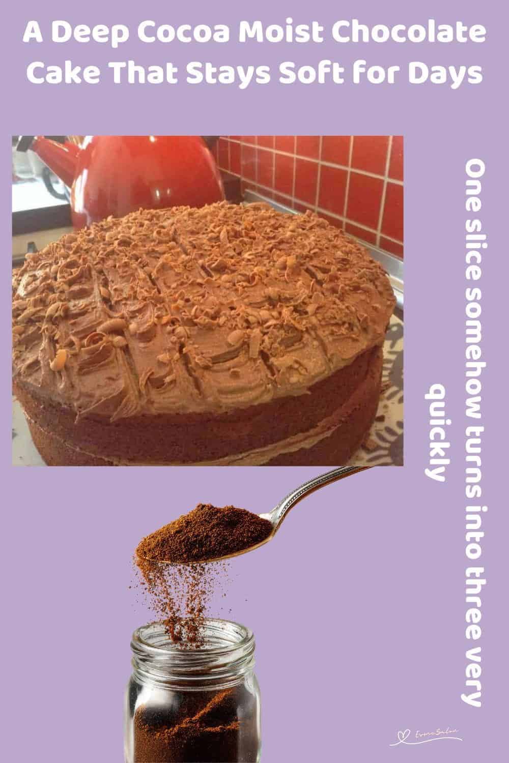 An image of a double-layer Chocolate Cake with Chocolate Buttercream Icing and grated milk chocolate