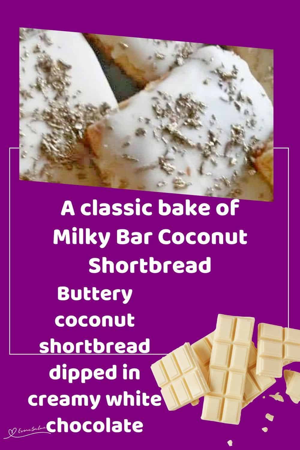 An image of a Classic Milky Bar Coconut Shortbread Biscuit dipped in white chocolate