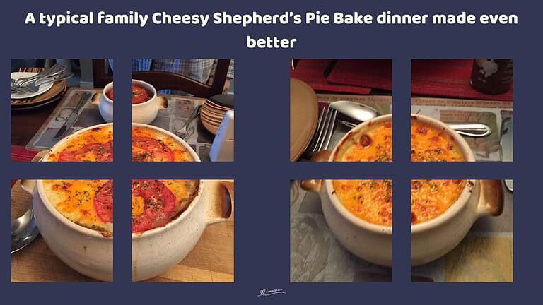 An image of a round white bowl filled with Cheesy Shepherd's Pie Bake