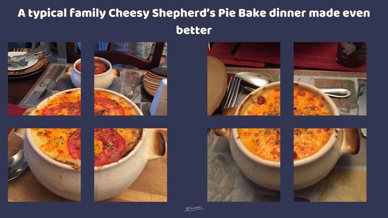 An image of a round white bowl filled with Cheesy Shepherd's Pie Bake