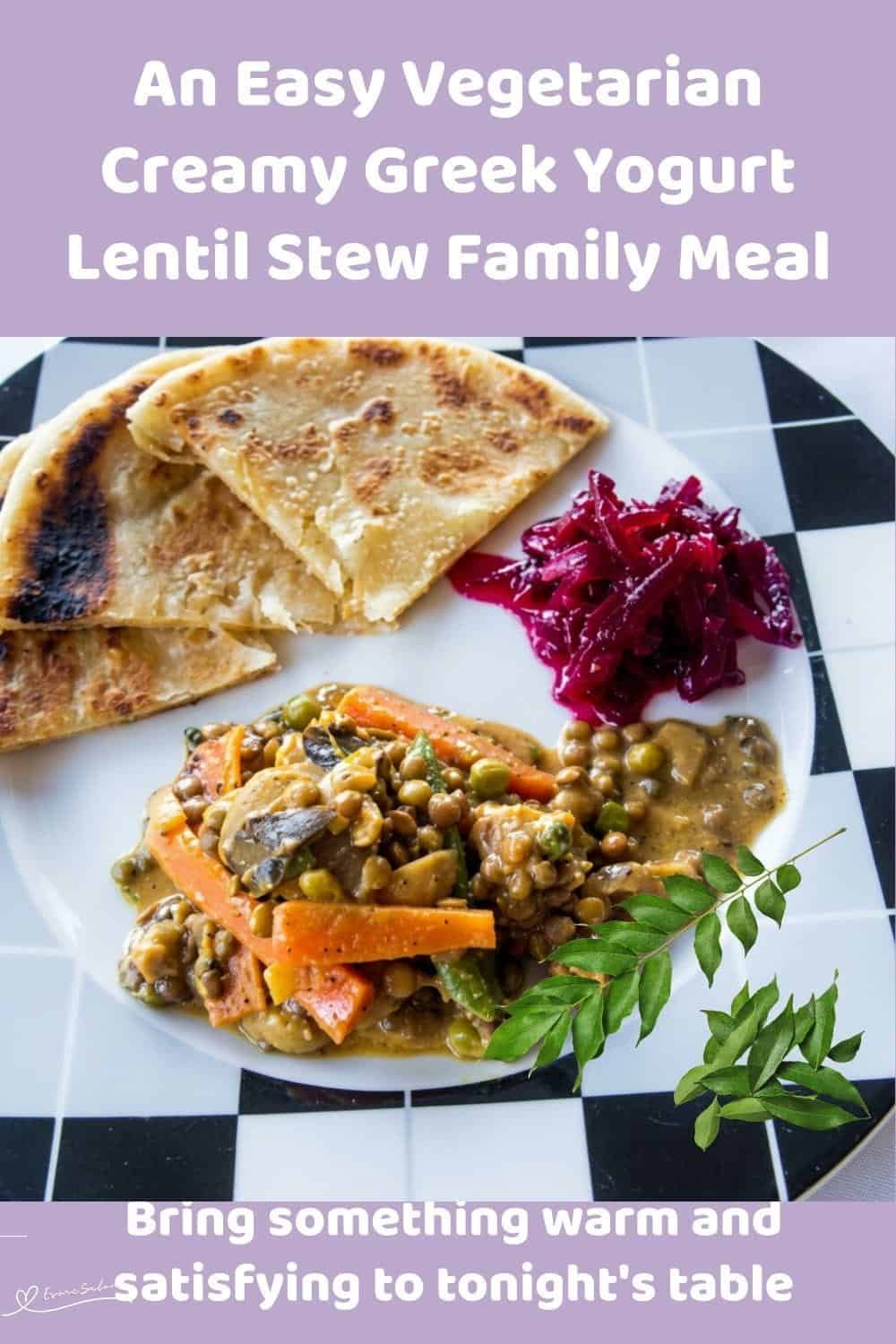 An image of a plate of a Vegegarian dish of Creamy Greek Yogurt Lentil Stew served with Naan