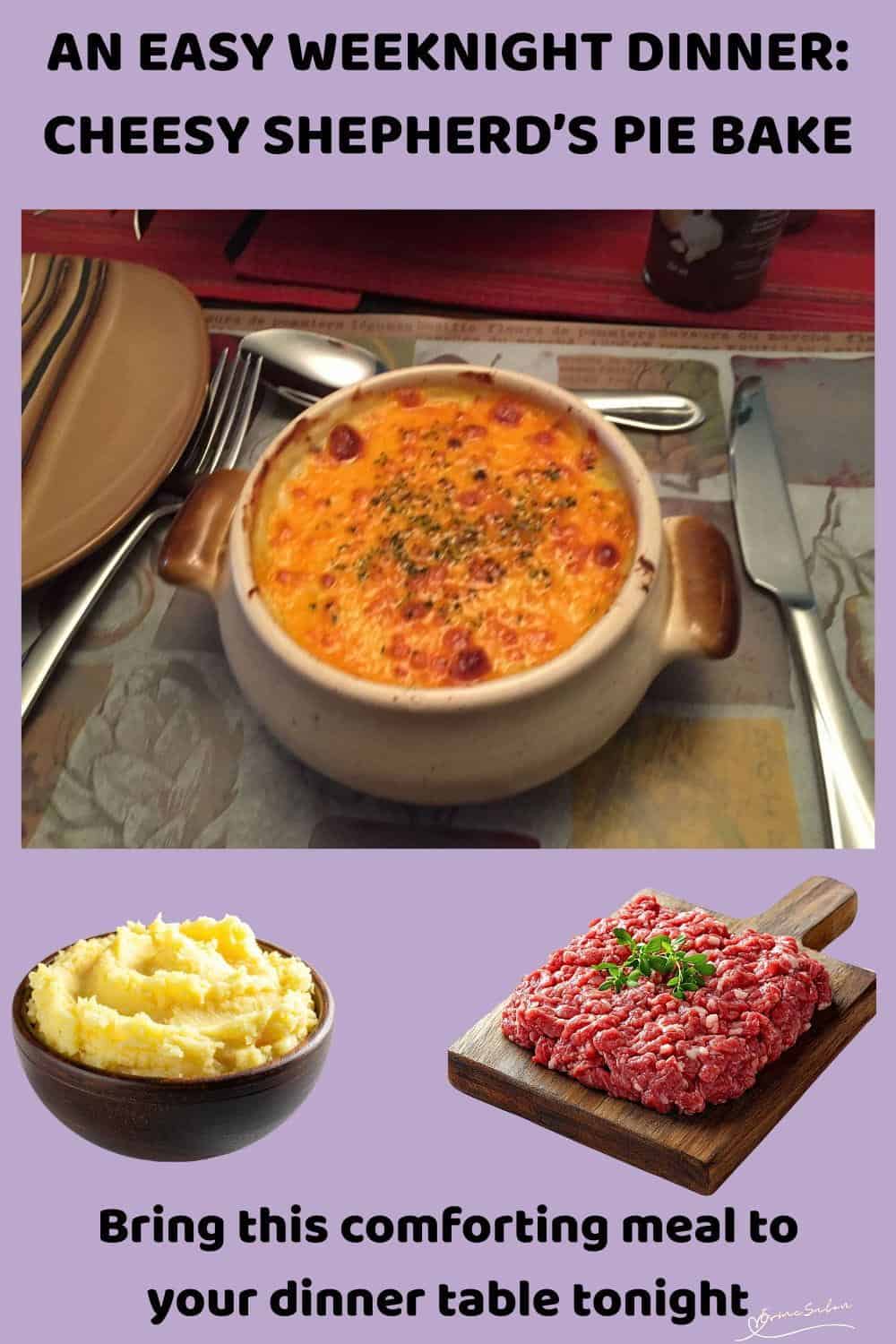 An image of a round white bowl filled with Cheesy Shepherd's Pie Bake