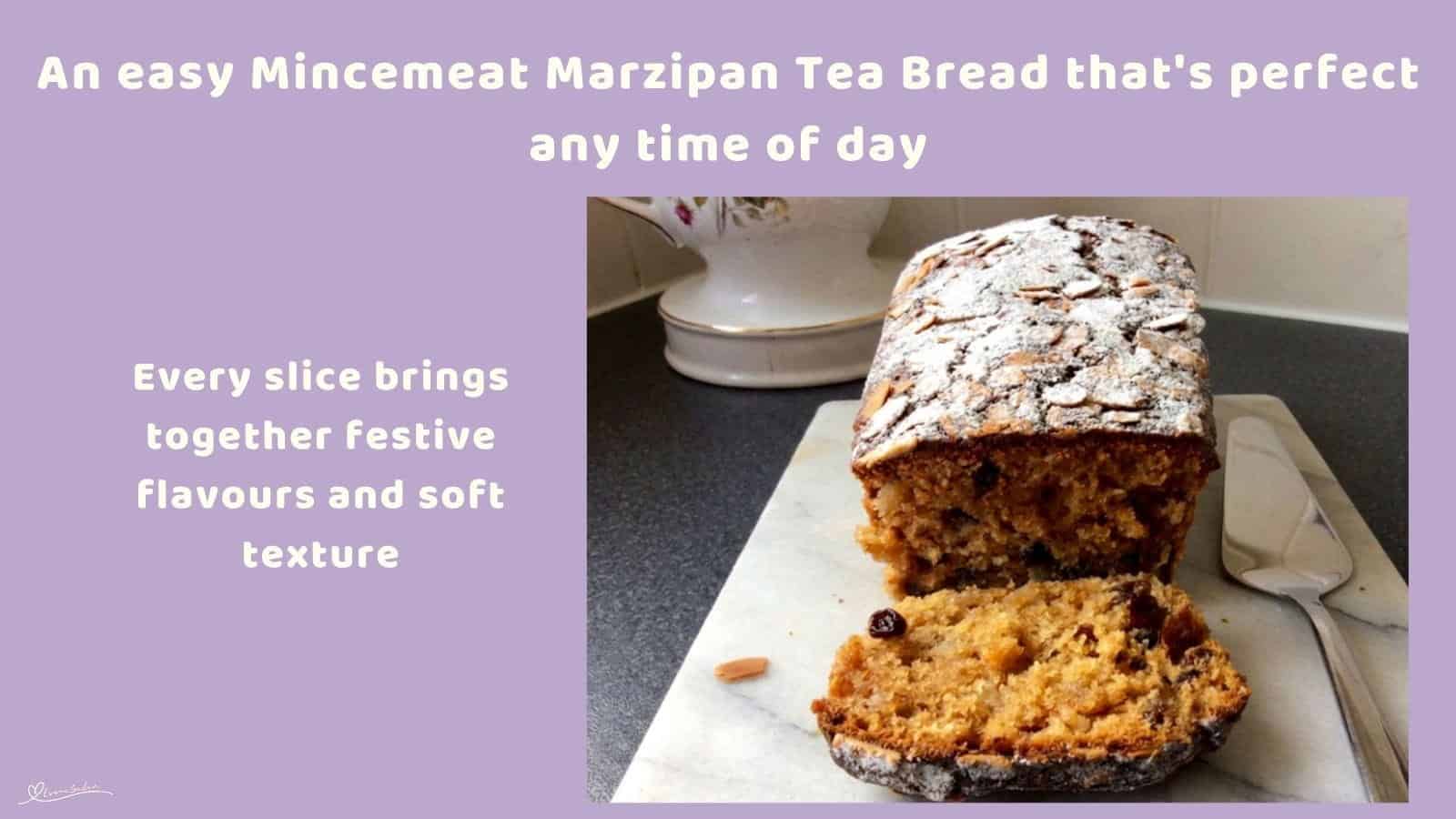 An image of a Mincemeat Marzipan Tea Bread with flaked almonds and dusted with icing sugar