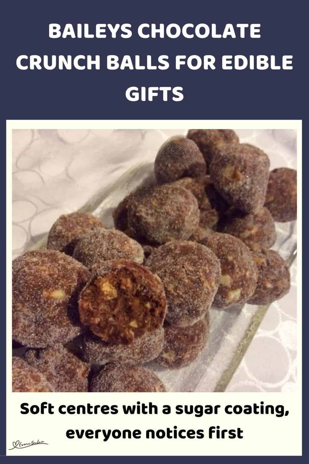 An image of a glass tray filled with Baileys Chocolate Crunch Balls made of nuts, chocolate chips and wafer biscuits