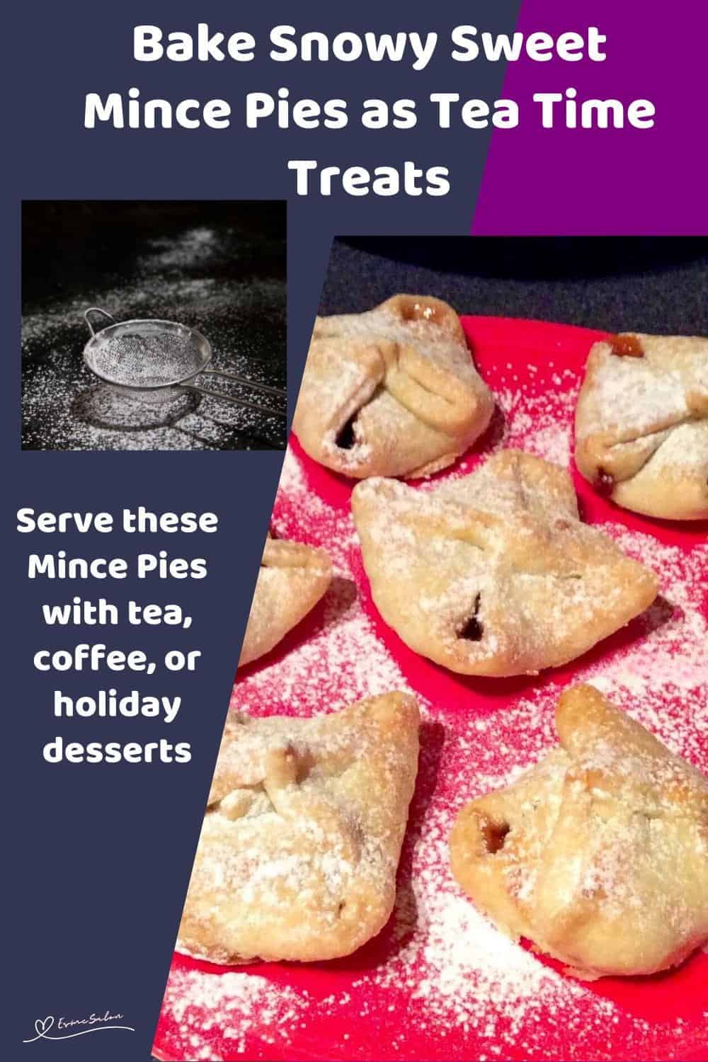 An image of Sweet Mince Pies dusted with icing sugar or a red plate