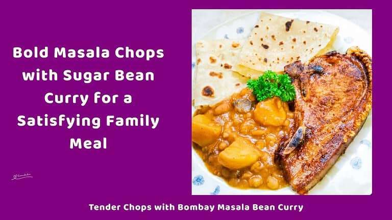 An image of a single Masala Chop with Sugar Bean Curry and roti