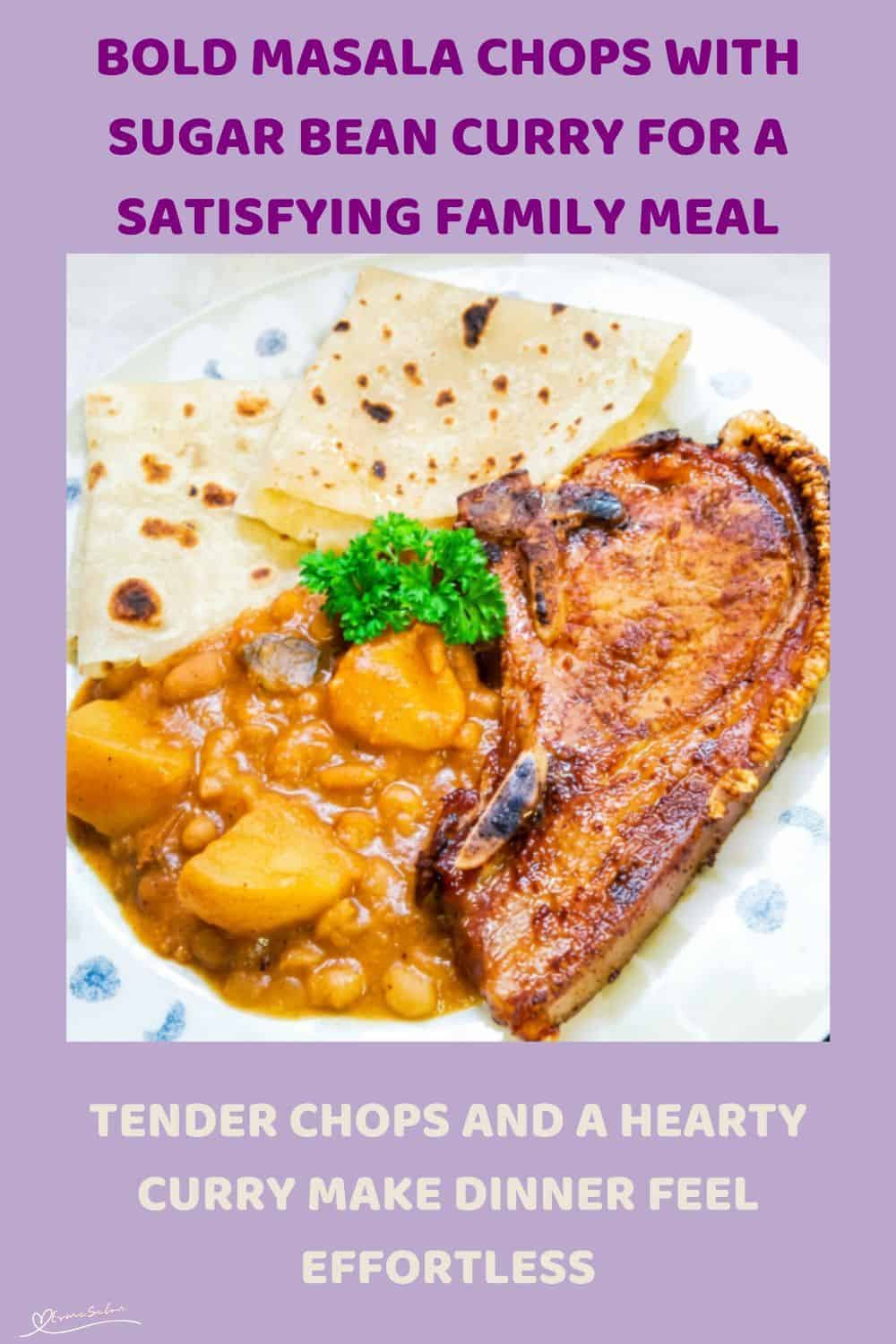 An image of a single Masala Chop with Sugar Bean Curry and roti
