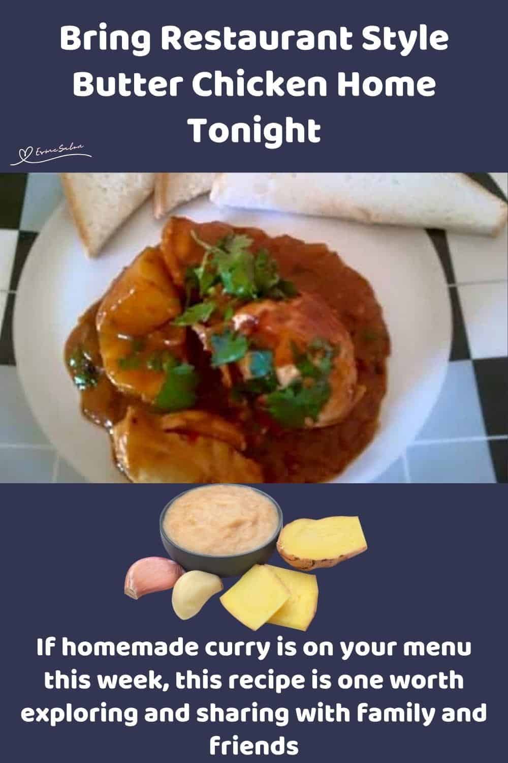 An image of Butter chiuclen on a white plate with slices of bread of the side