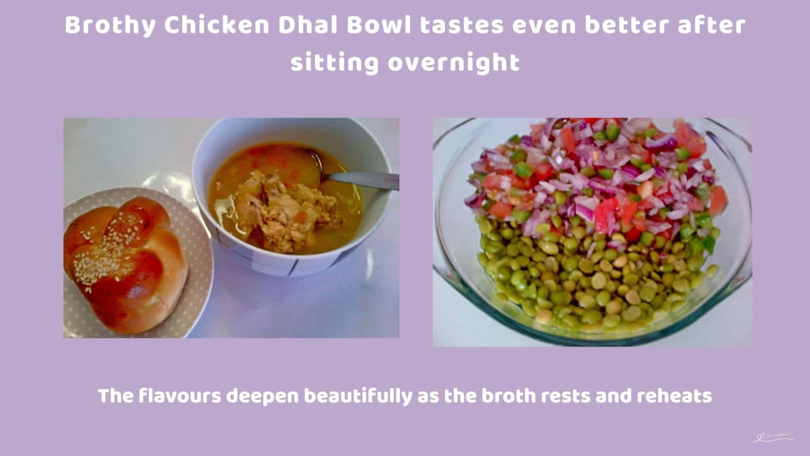 An image of a Brothy Chicken Dhal Bowl with green lentil, chicken neck and curry leaves