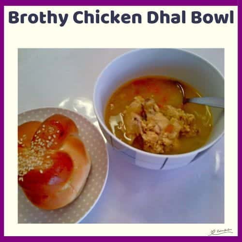 An image of a Brothy Chicken Dhal Bowl with green lentil, chicken neck and curry leaves