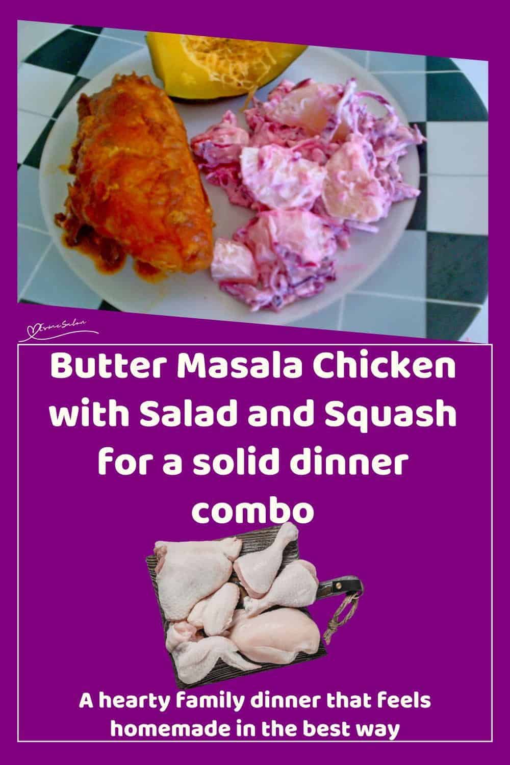 An image of a plate filled with Butter Masala Chicken with Warm Coleslaw Salad and Cheesy Squash