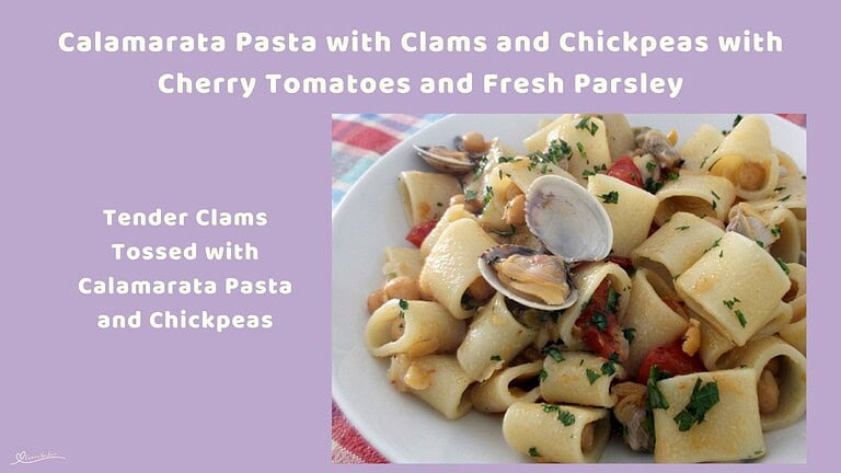 An image of Italian Calamarata Pasta with Clams and Chickpeas
