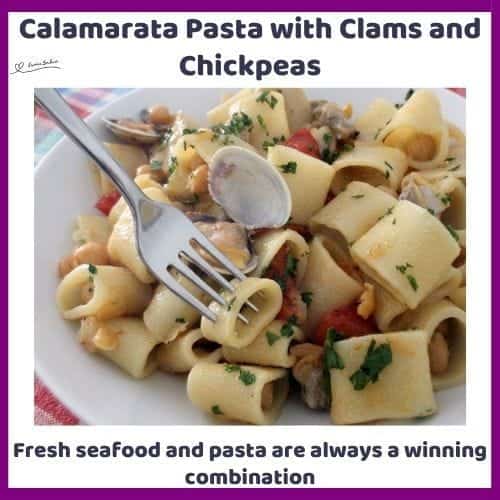 An image of Italian Calamarata Pasta with Clams and Chickpeas