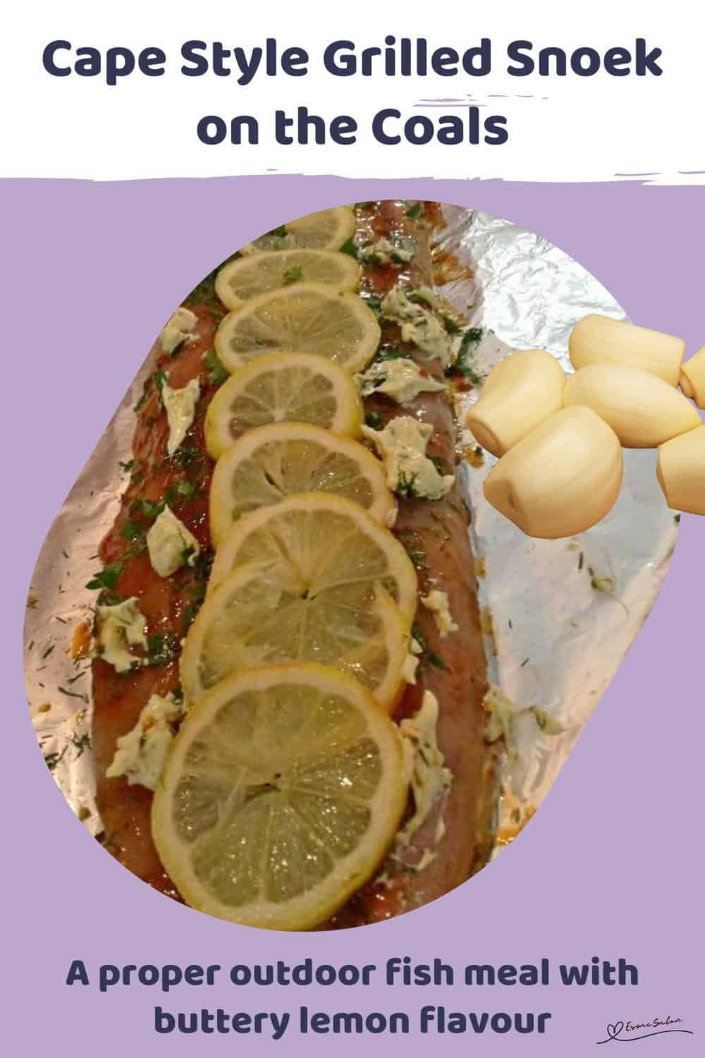 An image of Grilled Snoek basted with apricot jam and topped with slices of lemon on tinfoil prepared on the Coals