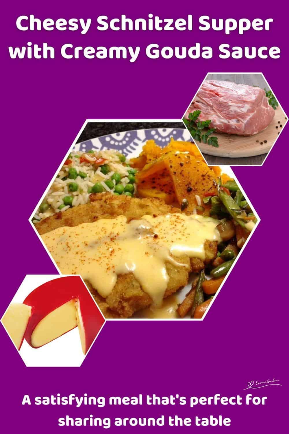 An image of Cheesy Schnitzel Supper with a Rich Cheese Sauce and Veggies on the side